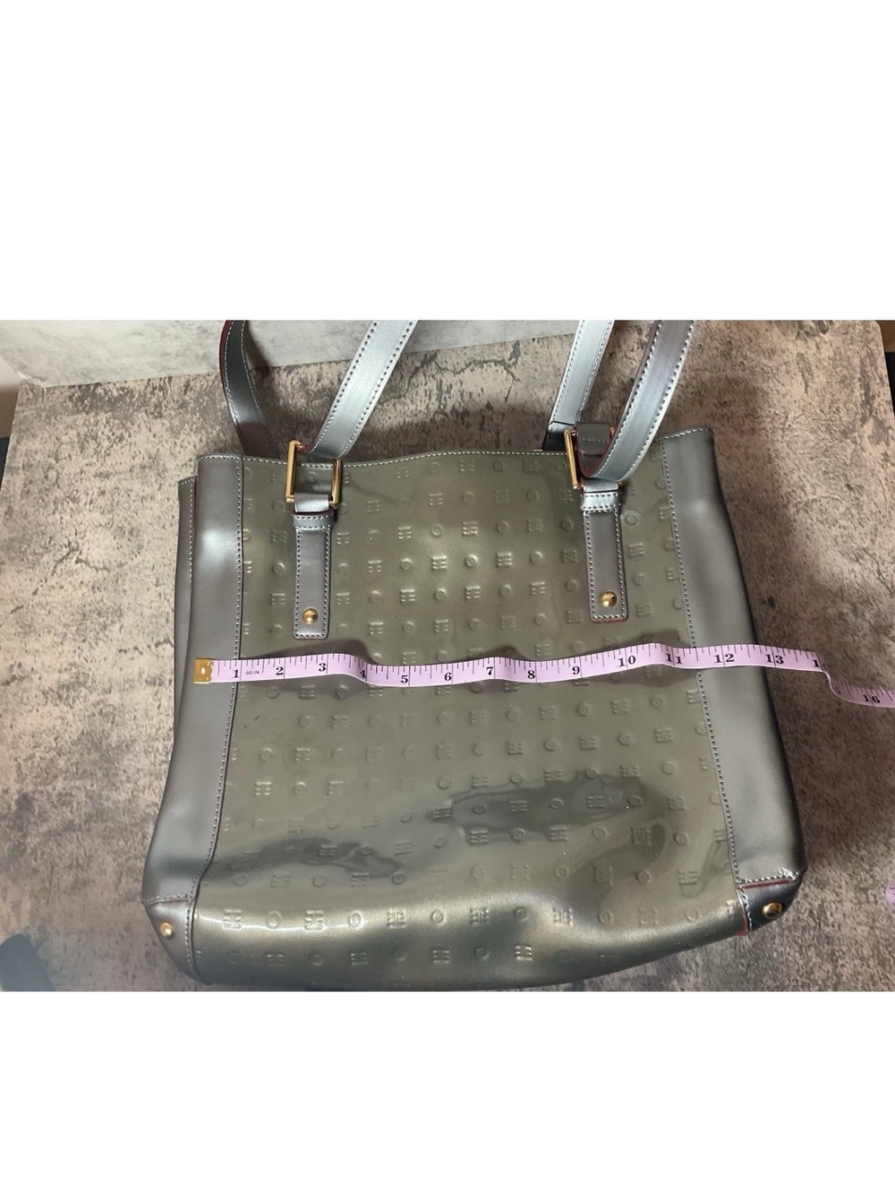 Arcadia Patent Leather Two Tone Silver Tote with Textured Logo Pattern - Picture 9 of 9